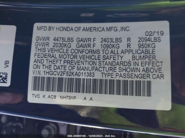 Photo 8 VIN: 1HGCV2F52KA011383 - HONDA ACCORD 