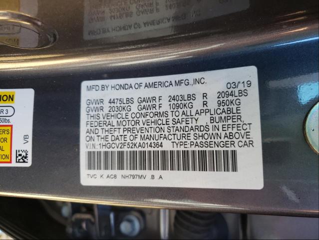 Photo 9 VIN: 1HGCV2F52KA014364 - HONDA ACCORD EXL 