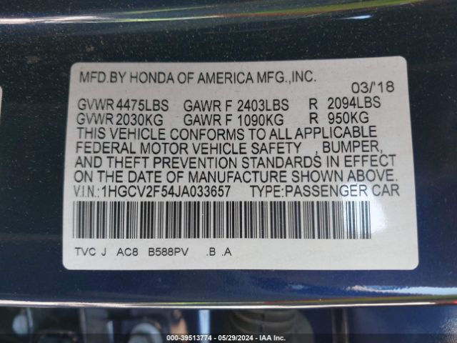 Photo 8 VIN: 1HGCV2F54JA033657 - HONDA ACCORD 