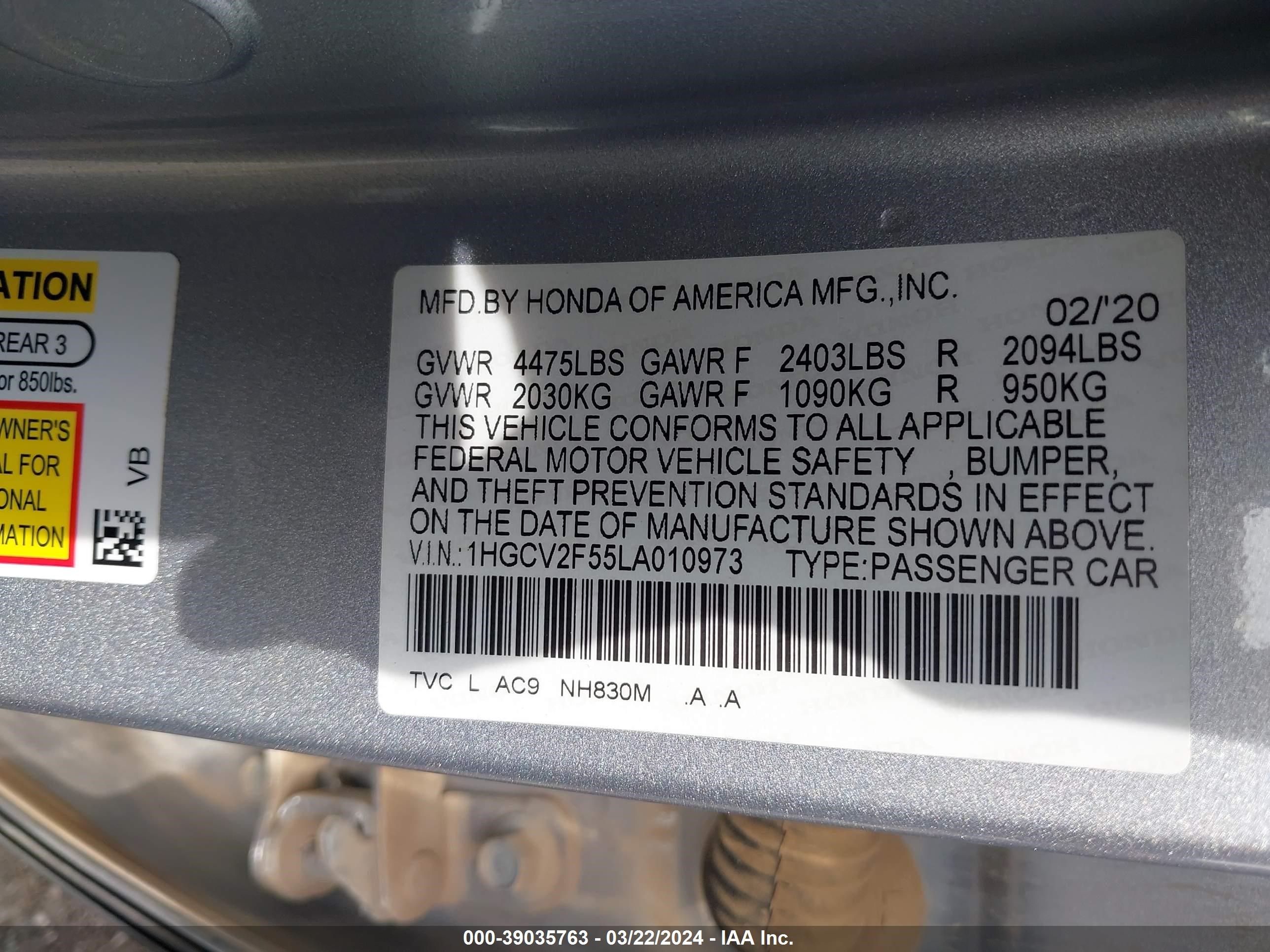 Photo 8 VIN: 1HGCV2F55LA010973 - HONDA ACCORD 