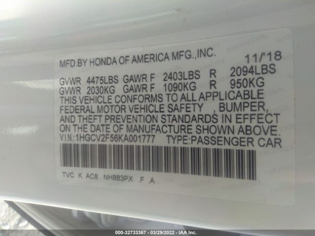 Photo 8 VIN: 1HGCV2F56KA001777 - HONDA ACCORD SEDAN 