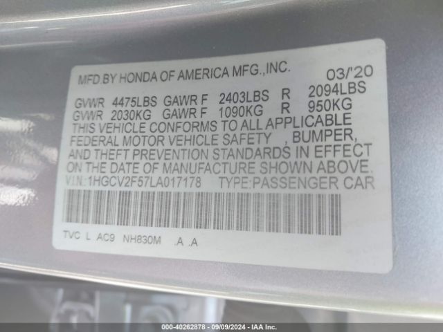 Photo 8 VIN: 1HGCV2F57LA017178 - HONDA ACCORD 