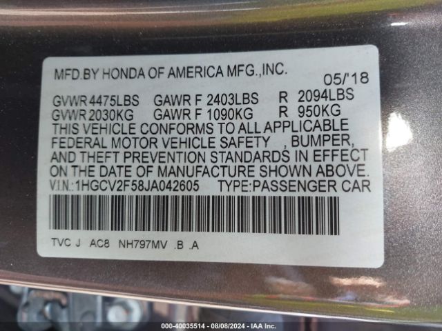 Photo 8 VIN: 1HGCV2F58JA042605 - HONDA ACCORD 