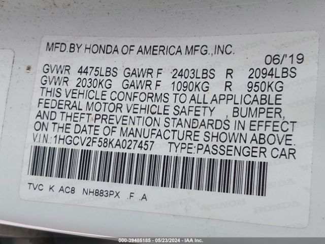 Photo 8 VIN: 1HGCV2F58KA027457 - HONDA ACCORD 