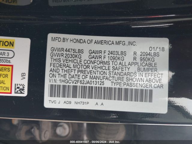 Photo 8 VIN: 1HGCV2F62JA013125 - HONDA ACCORD 