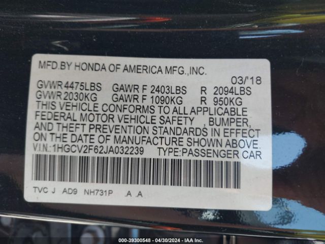 Photo 8 VIN: 1HGCV2F62JA032239 - HONDA ACCORD 