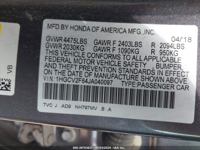 Photo 8 VIN: 1HGCV2F64JA040097 - HONDA ACCORD 