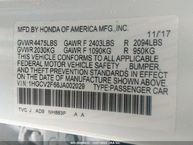 Photo 8 VIN: 1HGCV2F66JA002029 - HONDA ACCORD 