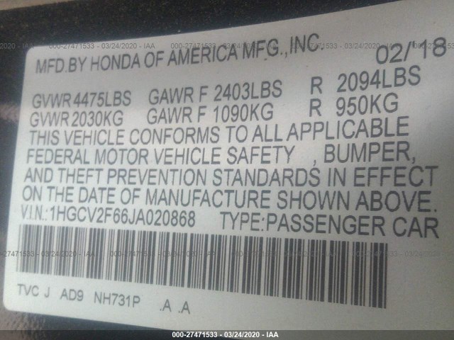 Photo 8 VIN: 1HGCV2F66JA020868 - HONDA ACCORD SEDAN 