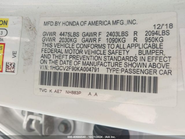 Photo 8 VIN: 1HGCV2F90KA004791 - HONDA ACCORD 