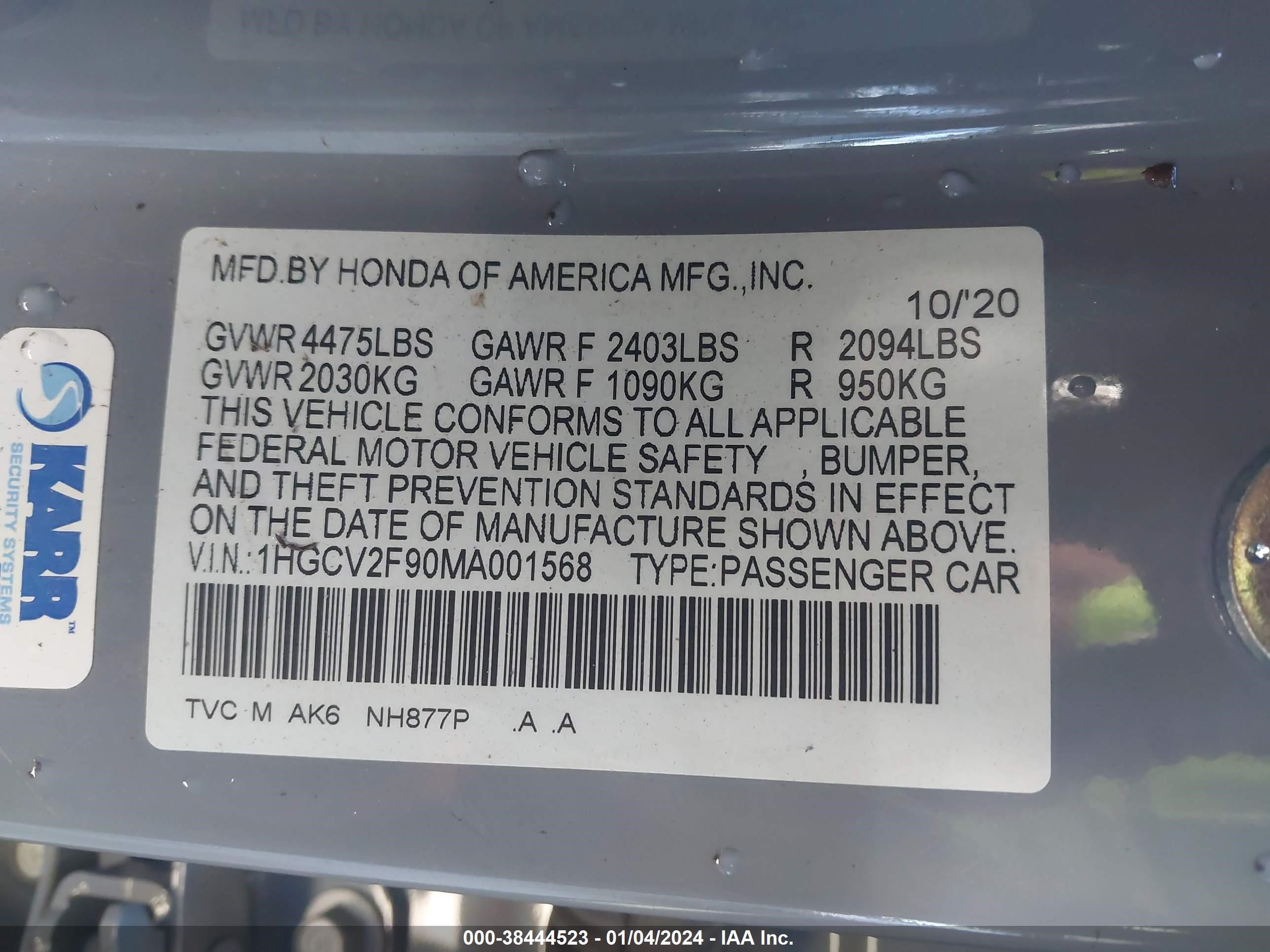 Photo 8 VIN: 1HGCV2F90MA001568 - HONDA ACCORD 