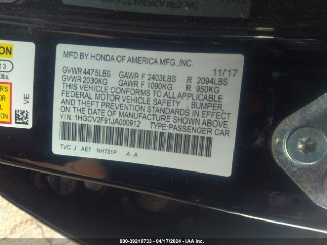 Photo 8 VIN: 1HGCV2F91JA000912 - HONDA ACCORD 