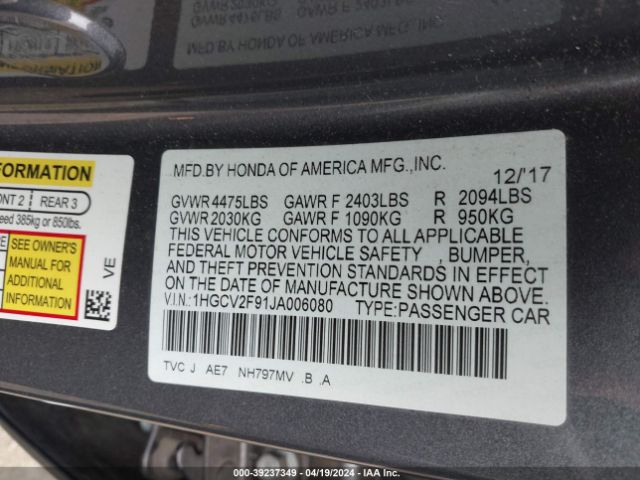 Photo 8 VIN: 1HGCV2F91JA006080 - HONDA ACCORD 