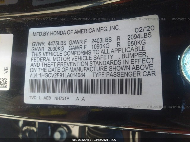 Photo 8 VIN: 1HGCV2F91LA014084 - HONDA ACCORD SEDAN 