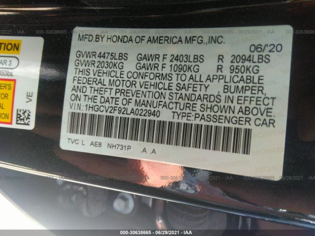 Photo 8 VIN: 1HGCV2F92LA022940 - HONDA ACCORD SEDAN 