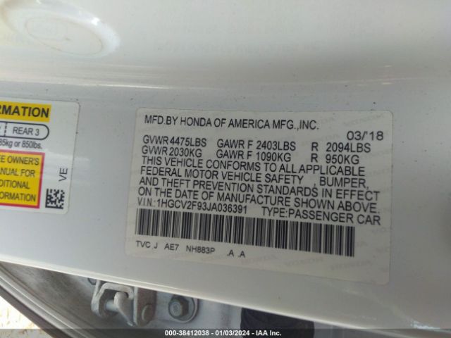 Photo 8 VIN: 1HGCV2F93JA036391 - HONDA ACCORD 