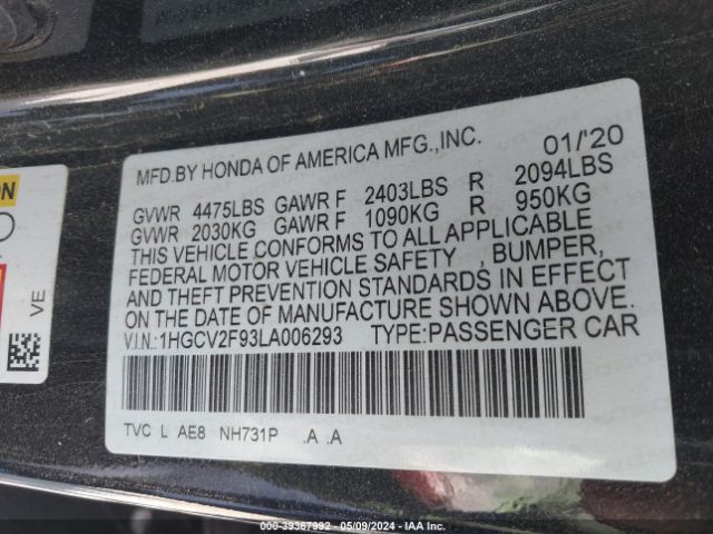 Photo 8 VIN: 1HGCV2F93LA006293 - HONDA ACCORD 