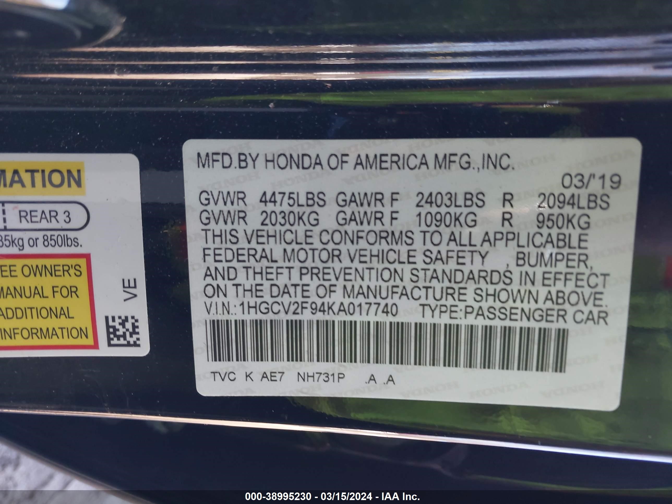 Photo 8 VIN: 1HGCV2F94KA017740 - HONDA ACCORD 