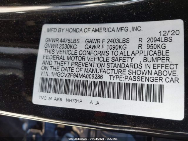 Photo 8 VIN: 1HGCV2F94MA006286 - HONDA ACCORD 