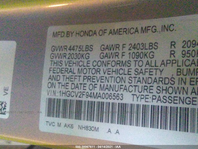 Photo 8 VIN: 1HGCV2F94MA006563 - HONDA ACCORD SEDAN 