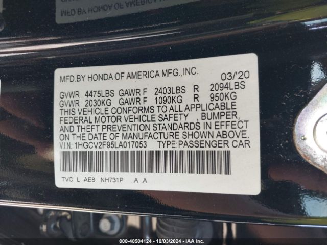 Photo 8 VIN: 1HGCV2F95LA017053 - HONDA ACCORD 