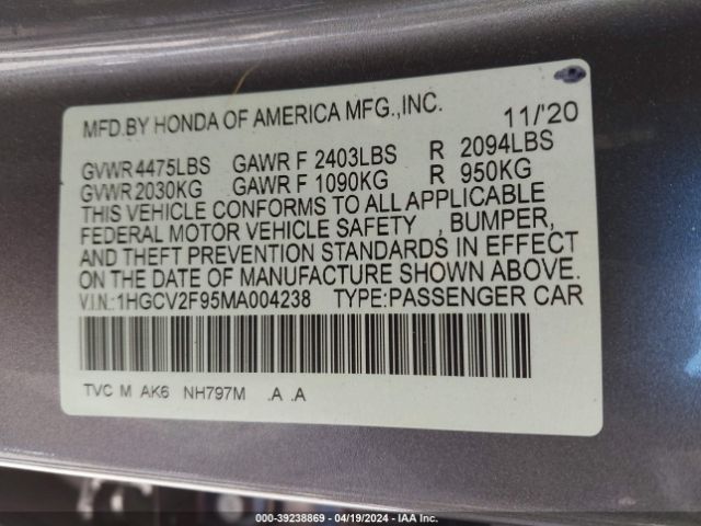 Photo 8 VIN: 1HGCV2F95MA004238 - HONDA ACCORD 