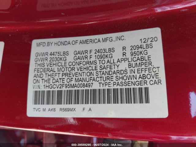 Photo 8 VIN: 1HGCV2F95MA008497 - HONDA ACCORD 