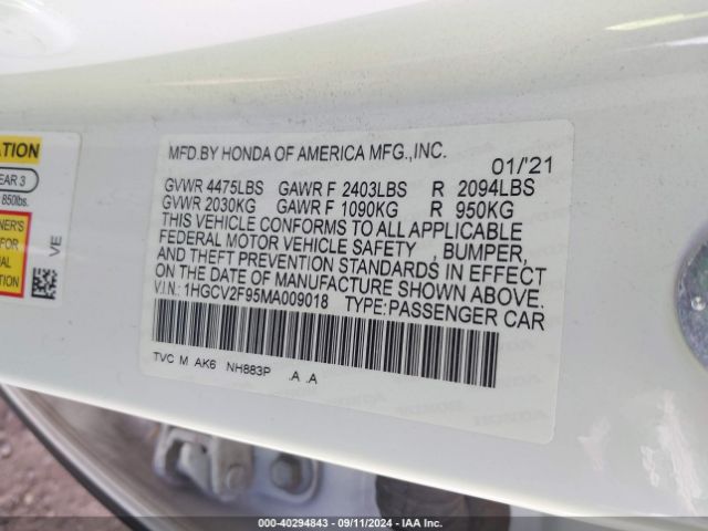 Photo 8 VIN: 1HGCV2F95MA009018 - HONDA ACCORD 