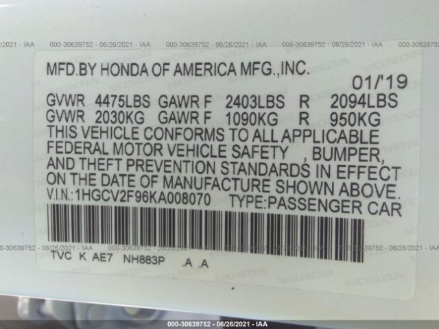 Photo 8 VIN: 1HGCV2F96KA008070 - HONDA ACCORD SEDAN 