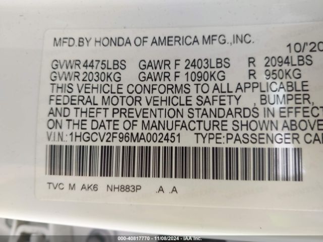 Photo 8 VIN: 1HGCV2F96MA002451 - HONDA ACCORD 