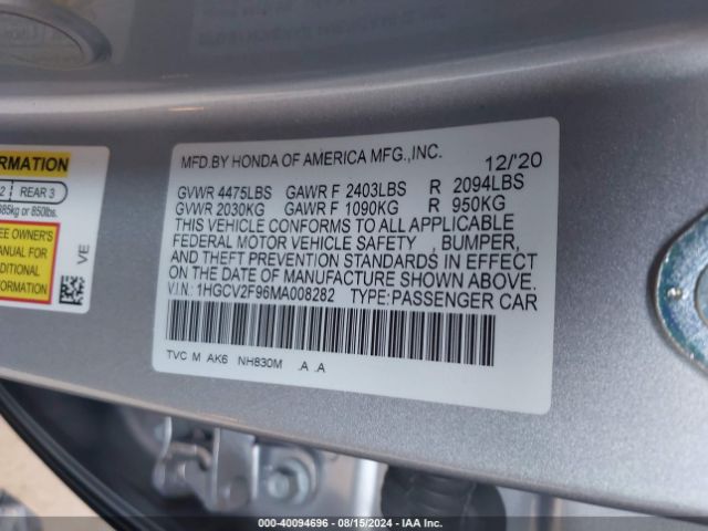 Photo 8 VIN: 1HGCV2F96MA008282 - HONDA ACCORD 