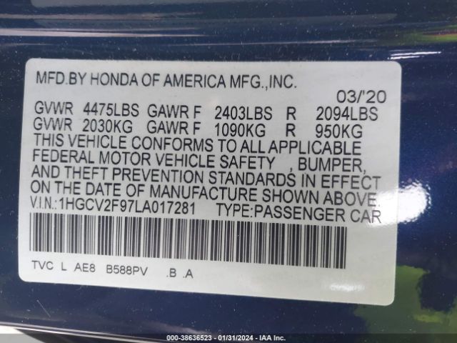 Photo 8 VIN: 1HGCV2F97LA017281 - HONDA ACCORD 