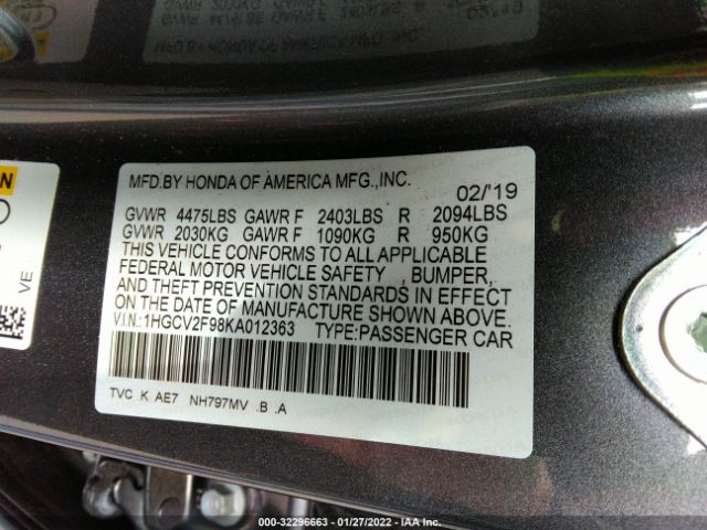 Photo 8 VIN: 1HGCV2F98KA012363 - HONDA ACCORD SEDAN 