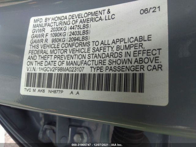 Photo 8 VIN: 1HGCV2F98MA023107 - HONDA ACCORD SEDAN 