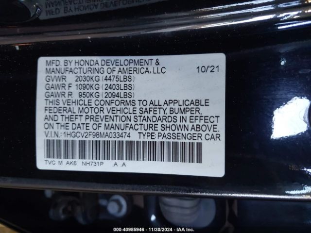 Photo 8 VIN: 1HGCV2F98MA033474 - HONDA ACCORD 