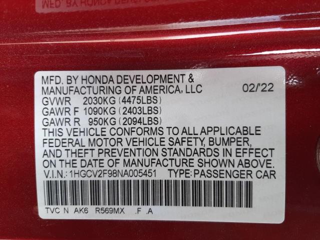 Photo 9 VIN: 1HGCV2F98NA005451 - HONDA ACCORD TOU 