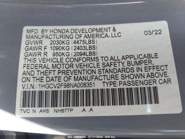 Photo 8 VIN: 1HGCV2F98NA008351 - HONDA ACCORD 