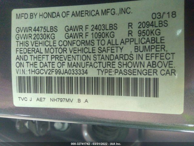 Photo 8 VIN: 1HGCV2F99JA033334 - HONDA ACCORD SEDAN 