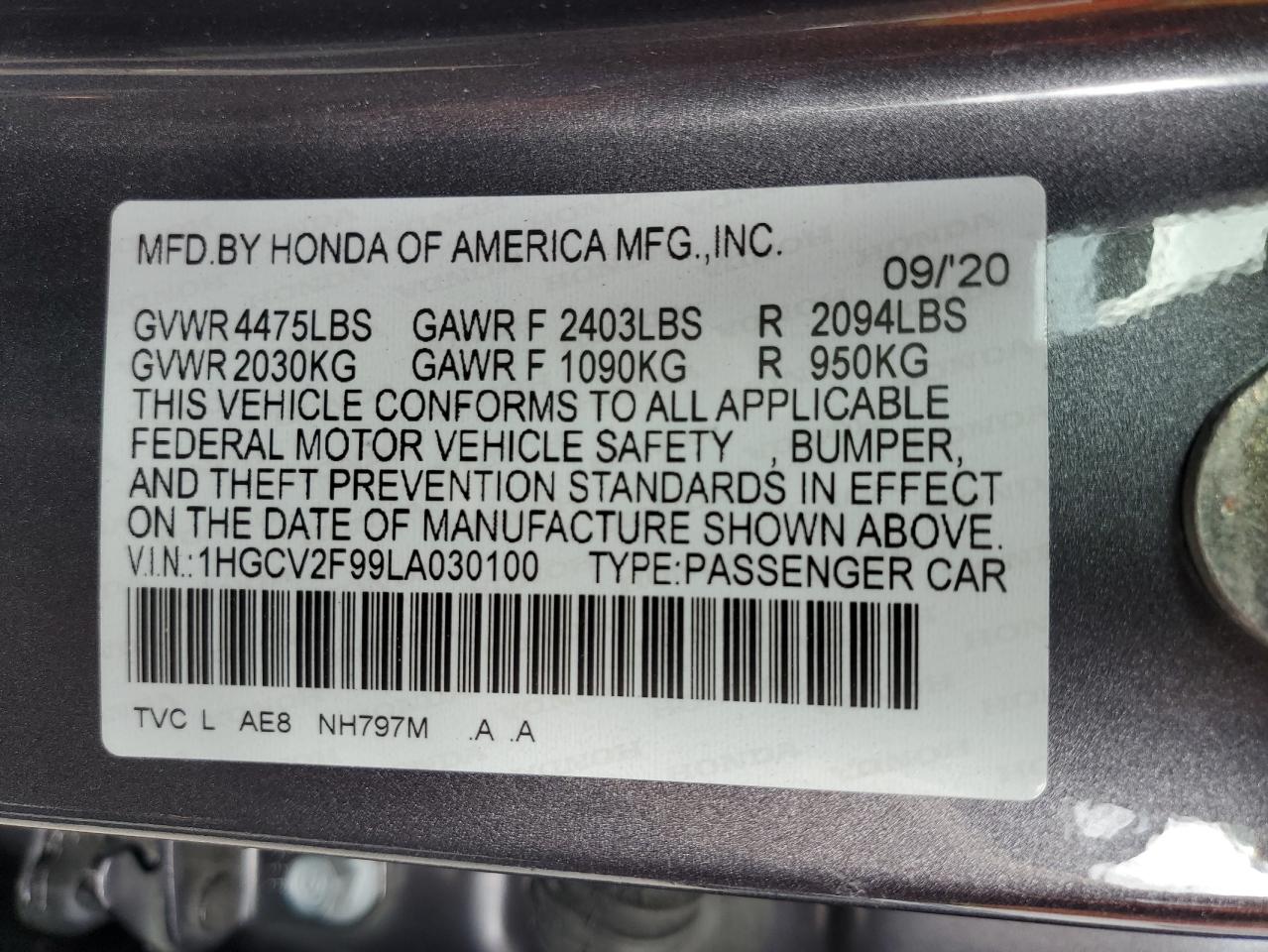 Photo 12 VIN: 1HGCV2F99LA030100 - HONDA ACCORD 