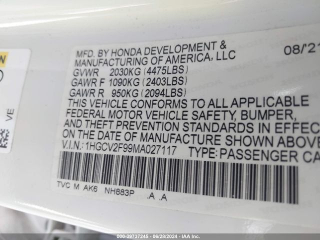 Photo 8 VIN: 1HGCV2F99MA027117 - HONDA ACCORD 