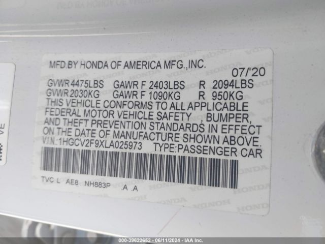 Photo 8 VIN: 1HGCV2F9XLA025973 - HONDA ACCORD 