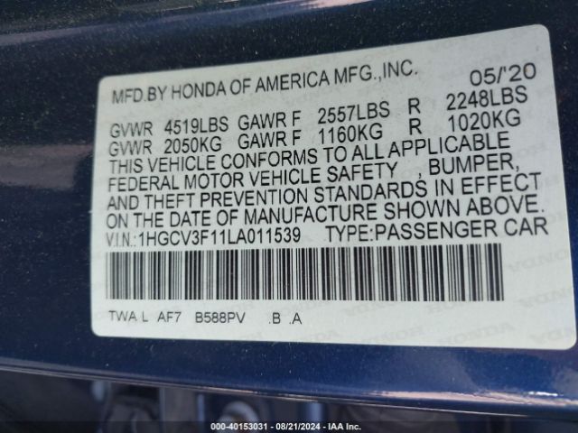 Photo 8 VIN: 1HGCV3F11LA011539 - HONDA ACCORD 