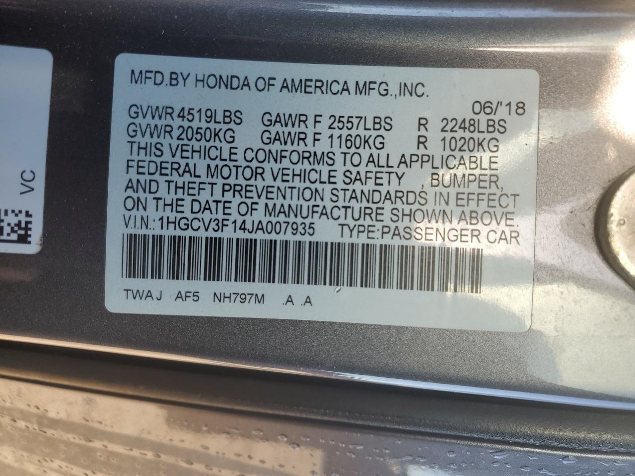 Photo 11 VIN: 1HGCV3F14JA007935 - HONDA ACCORD 