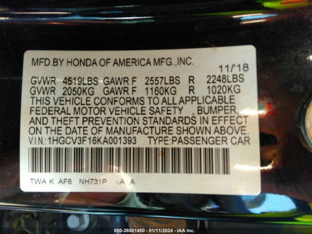 Photo 8 VIN: 1HGCV3F16KA001393 - HONDA ACCORD HYBRID 