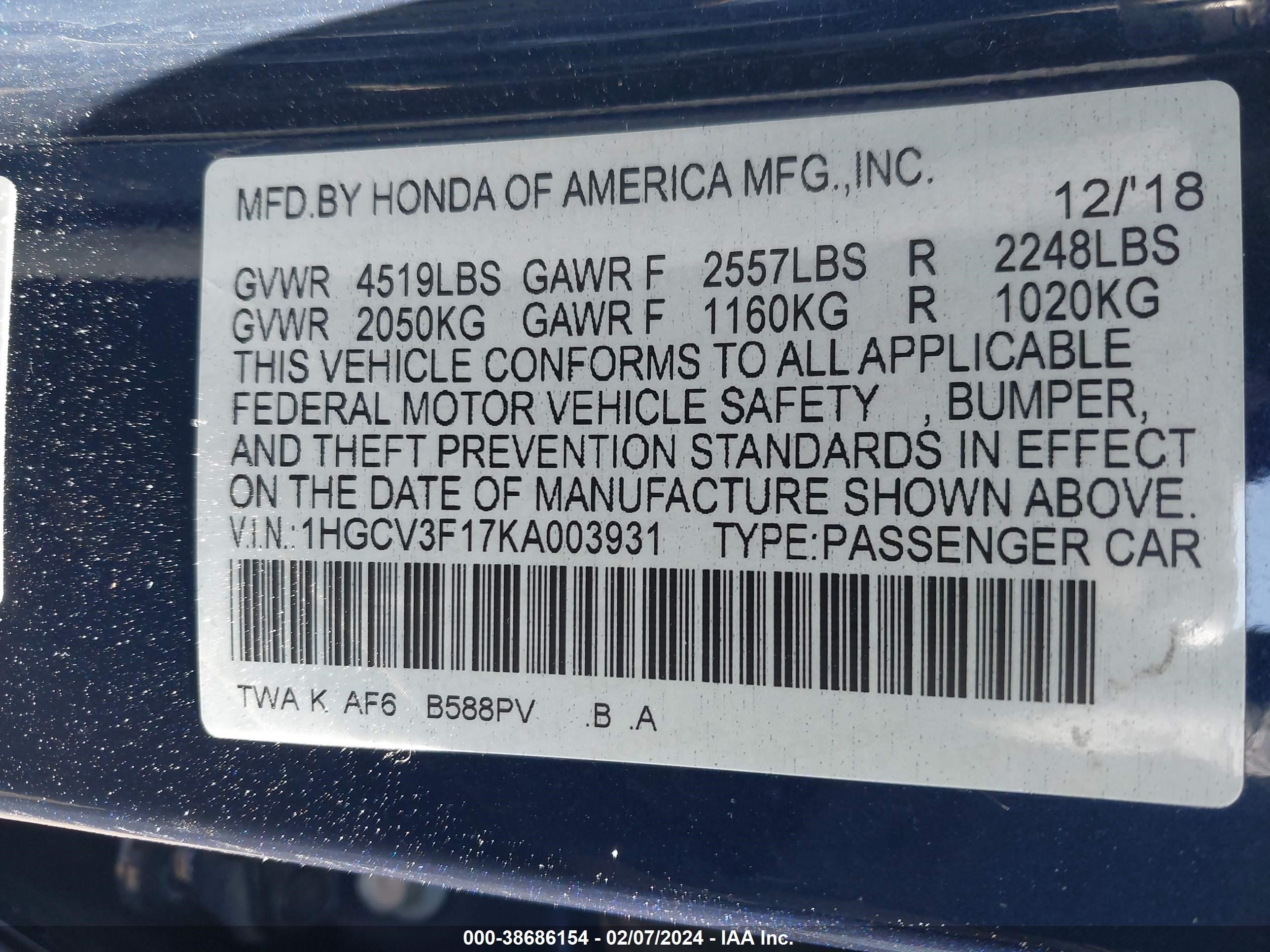 Photo 8 VIN: 1HGCV3F17KA003931 - HONDA ACCORD 