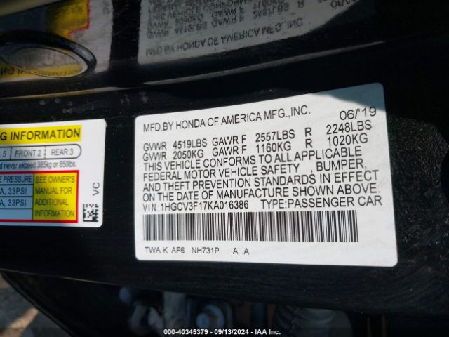 Photo 8 VIN: 1HGCV3F17KA016386 - HONDA ACCORD 