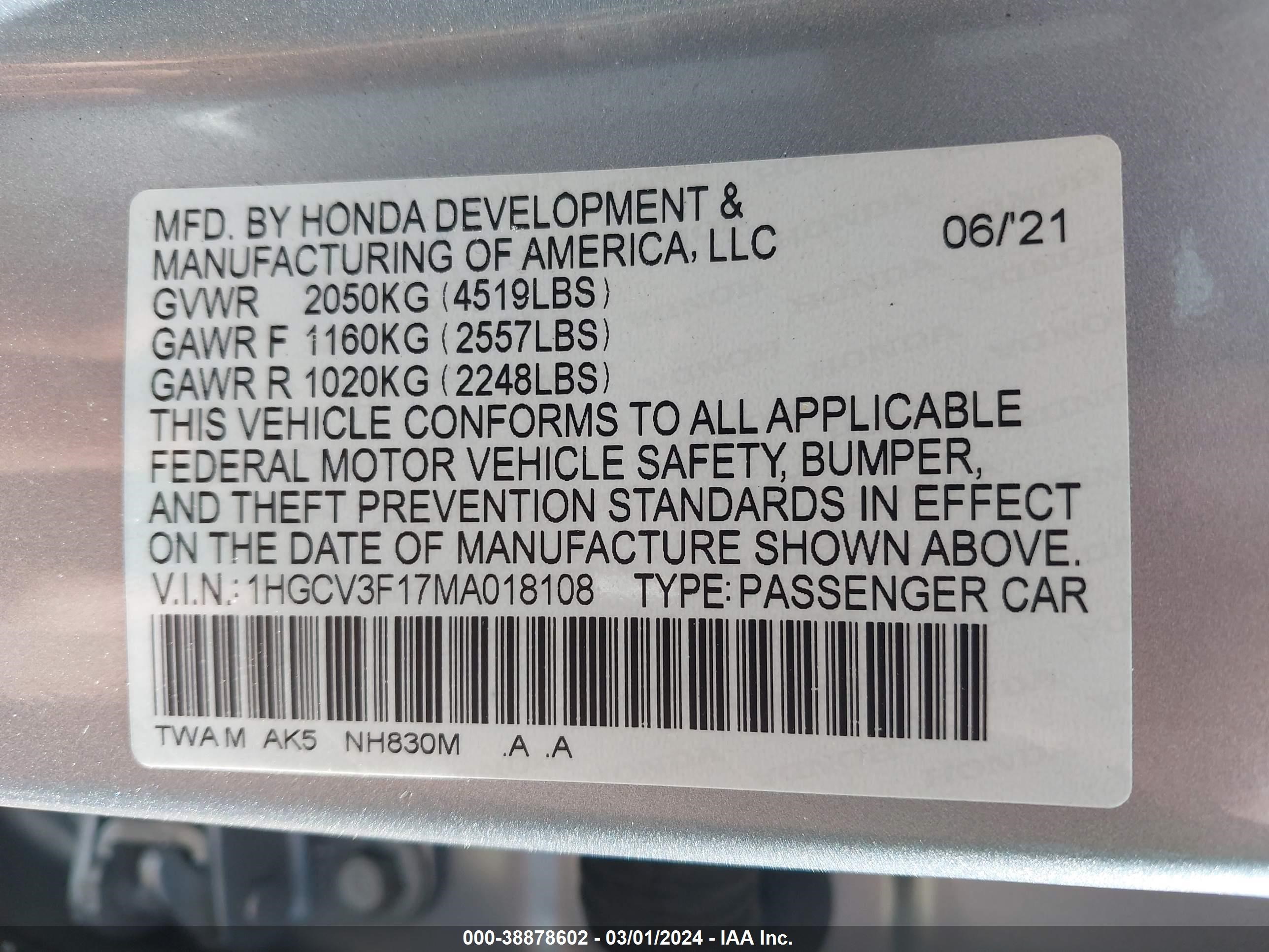 Photo 8 VIN: 1HGCV3F17MA018108 - HONDA ACCORD 