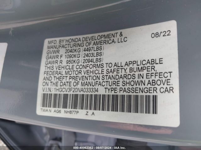 Photo 8 VIN: 1HGCV3F20NA033334 - HONDA ACCORD 