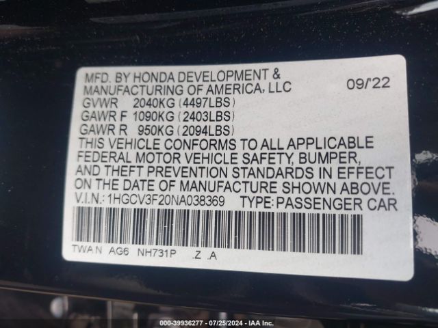 Photo 8 VIN: 1HGCV3F20NA038369 - HONDA ACCORD 