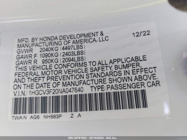 Photo 8 VIN: 1HGCV3F20NA047640 - HONDA ACCORD 